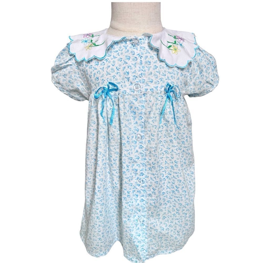 Handmade Vintage Baby Girls Blue Floral Lightweight Embroidered Collar Dress.
